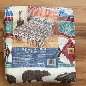 Aztec Print Blanket with Bear, Elk, Deer Design polyester/nylon made in USA